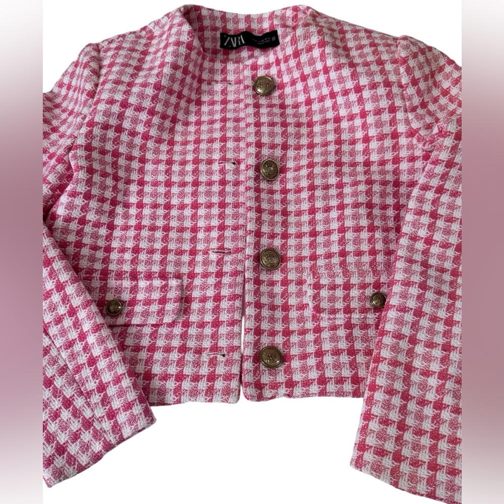 Zara houndstooth cropped tweed blazer